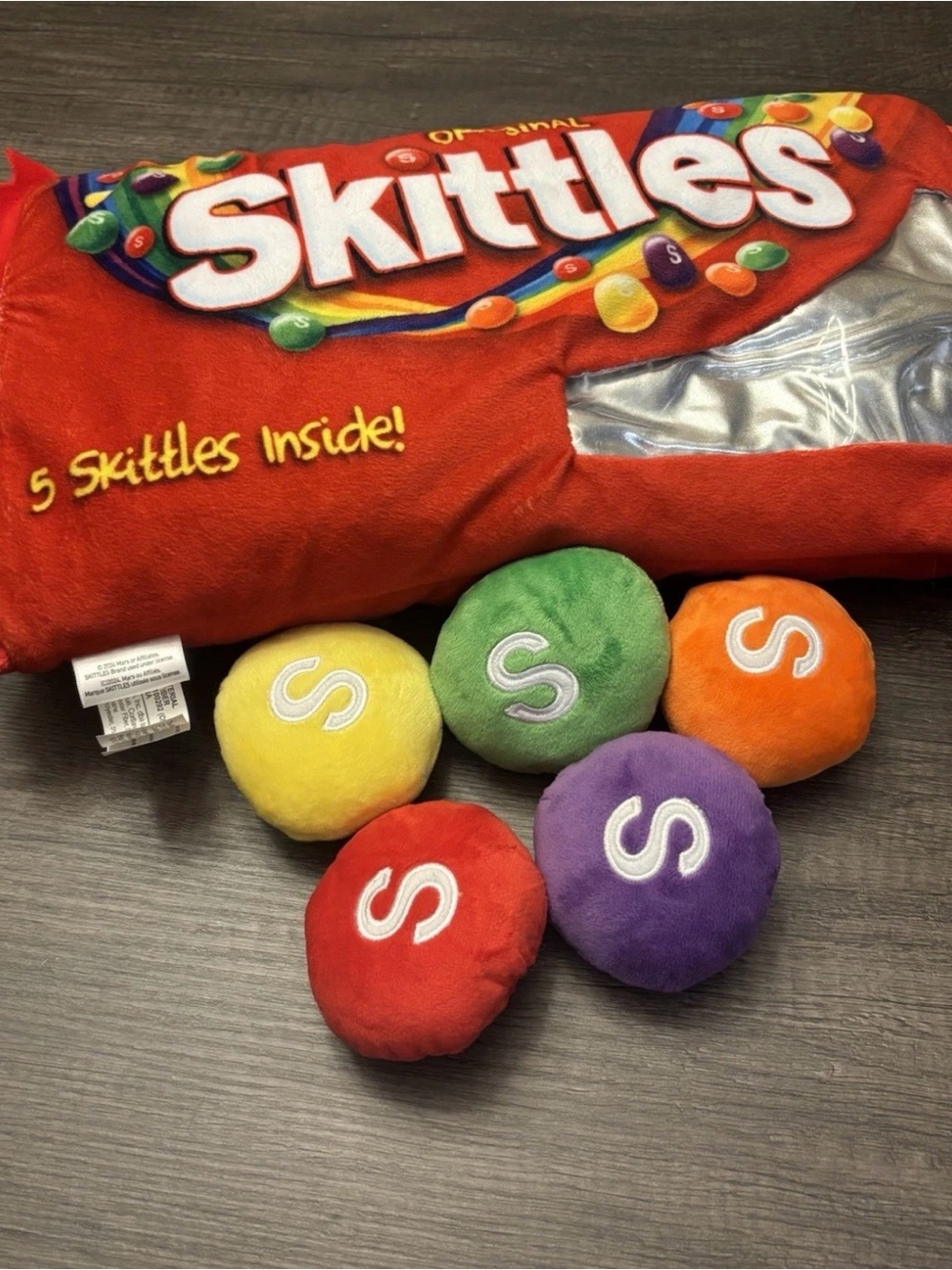 Plush Skittles Pillow Set - Red Candy Bag with 5 Colourful Plush Candies